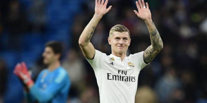 Real Madrid's German midfielder Toni Kroos celebrates at the end of the Spanish league football match between Real Madrid CF and Real Valladolid FC at the Santiago Bernabeu stadium in Madrid on November 3, 2018. (Photo by JAVIER SORIANO / AFP) (Photo credit should read JAVIER SORIANO/AFP/Getty Images)