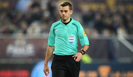 French referee Clément Turpin walks on the pitch during the French League Cup final football match between Monaco (ASM) and Paris Saint-Germain (PSG) at The Matmut Atlantique Stadium in Bordeaux, southwestern France on March 31, 2018. (Photo by FRANCK FIFE / AFP) (Photo credit should read FRANCK FIFE/AFP/Getty Images)