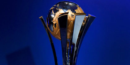 The official trophy is seen on display during the official draw of the FIFA Club World Cup UAE 2017 football tournament in Abu Dhabi on October 9, 2017. The tournament will be held in Abu Dhabi and Al-Ain from December 6 to 16. / AFP PHOTO / GIUSEPPE CACACE (Photo credit should read GIUSEPPE CACACE/AFP/Getty Images)