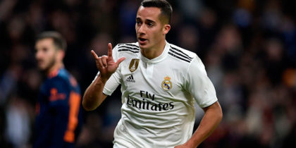 Real Madrid's Spanish midfielder Lucas Vazquez celebrates after scoring a goal during the Spanish league football match between Real Madrid and Valencia at the Santiago Bernabeu stadium in Madrid on December 1, 2018. (Photo by OSCAR DEL POZO / AFP) (Photo credit should read OSCAR DEL POZO/AFP/Getty Images)