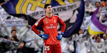 Real Madrid's Belgian goalkeeper Thibaut Courtois reacts during the Spanish league football match between Real Madrid and Valencia at the Santiago Bernabeu stadium in Madrid on December 1, 2018. (Photo by OSCAR DEL POZO / AFP) (Photo credit should read OSCAR DEL POZO/AFP/Getty Images)