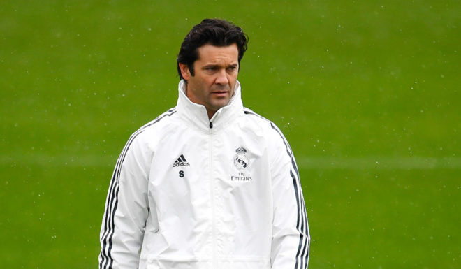 TOPSHOT - Temporary coach of Real Madrid CF, Argentinian former player Santiago Solari, attends a training session at the Ciudad Real Madrid training facilities in Madrid's suburb of Valdebebas, on October 30, 2018. - Santiago Solari has been put in temporary charge of Real Madrid after Julen Lopetegui was sacked on October 29, 2018. Solari was the coach of Madrid's B team, Castilla, and is now expected to take Madrid for their Copa del Rey game against Melilla tomorrow. (Photo by GABRIEL BOUYS / AFP) (Photo credit should read GABRIEL BOUYS/AFP/Getty Images)