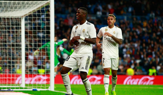 MADRID, SPAIN - DECEMBER 06: Vinicius Junior of Real Madrid celebrates after scoring his team's fifth goal during the Copa del Rey fourth round match between Real Madrid and Melilla at Estadio Bernabeu on December 6, 2018 in Madrid, Spain. (Photo by Gonzalo Arroyo Moreno/Getty Images)