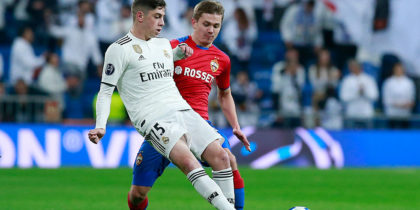 MADRID, SPAIN - DECEMBER 12: Federico Valverde of Real Madrid is closed down by Ivan Oblyakov of CSKA during the UEFA Champions League Group G match between Real Madrid and CSKA Moscow at Bernabeu on December 12, 2018 in Madrid, Spain. (Photo by Gonzalo Arroyo Moreno/Getty Images)