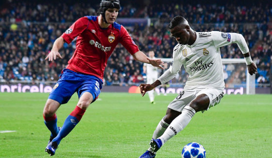 CSKA Moscow's Russian defender Mario Fernandes (L) vies with Real Madrid's Brazilian forward Vinicius Junior during the UEFA Champions League group G football match between Real Madrid CF and CSKA Moscow at the Santiago Bernabeu stadium in Madrid on December 12, 2018. (Photo by JAVIER SORIANO / AFP) (Photo credit should read JAVIER SORIANO/AFP/Getty Images)