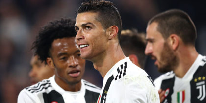 TURIN, ITALY - NOVEMBER 07: Cristiano Ronaldo of Juventus celebrates with his teammates after he scores his sides first goal during the UEFA Champions League Group H match between Juventus and Manchester United at Juventus Stadium on November 7, 2018 in Turin, Italy. (Photo by Michael Steele/Getty Images)