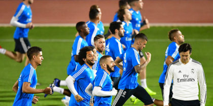 Real Madrid's players take part in a training session two days before the FIFA Club World Cup semi-final football match Real Madrid x Kashima Antlers at New York University Abu Dhabi's stadium in the Emirati capital Abu Dhabi on December 17, 2018. (Photo by GIUSEPPE CACACE / AFP) (Photo credit should read GIUSEPPE CACACE/AFP/Getty Images)