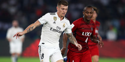 ABU DHABI, UNITED ARAB EMIRATES - DECEMBER 19: Toni Kroos of Real Madrid is closed down by Hugo Leonardo of Kashima Antlers during the FIFA Club World Cup semi-final match between Kashima Antlers and Real Madrid at Zayed Sports City Stadium on December 19, 2018 in Abu Dhabi, United Arab Emirates. (Photo by Francois Nel/Getty Images)