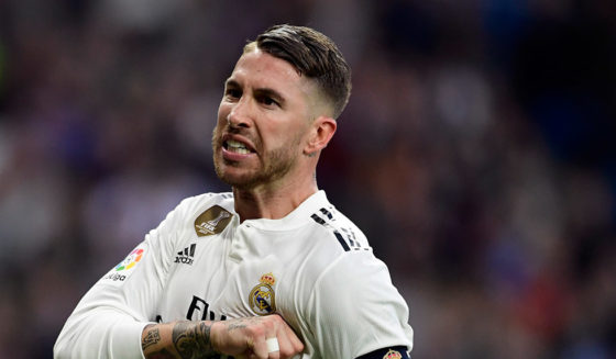 Real Madrid's Spanish defender Sergio Ramos celebrates scoring their second goal during the Spanish league football match between Real Madrid CF and Real Valladolid FC at the Santiago Bernabeu stadium in Madrid on November 3, 2018. (Photo by JAVIER SORIANO / AFP) (Photo credit should read JAVIER SORIANO/AFP/Getty Images)
