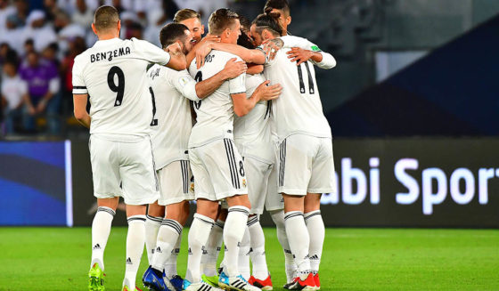 Real Madrid players celebrate their opening goal during the Final match in the FIFA Club World Cup football competition between Real Madrid and Al-Ain at the Zayed Sports City Stadium in Abu Dhabi, the capital of the United Arab Emirates, on December 22, 2018. (Photo by Giuseppe CACACE / AFP) (Photo credit should read GIUSEPPE CACACE/AFP/Getty Images)