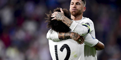 Real Madrid's Spanish defender Sergio Ramos congratulates Real Madrid's Brazilian defender Marcelo for scoring their team's second goal during the UEFA Champions League group G football match between Real Madrid CF and FC Viktoria Plzen at the Santiago Bernabeu stadium in Madrid on October 23, 2018. (Photo by JAVIER SORIANO / AFP) (Photo credit should read JAVIER SORIANO/AFP/Getty Images)