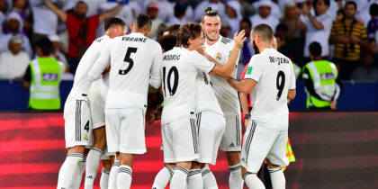 Real Madrid's players celebrate after scoring their second goal during the FIFA Club World Cup final football match Spain's Real Madrid vs Abu Dhabi's Al Ain at the Zayed Sports City Stadium in Abu Dhabi, the capital of the United Arab Emirates, on December 22, 2018. (Photo by Giuseppe CACACE / AFP) (Photo credit should read GIUSEPPE CACACE/AFP/Getty Images)