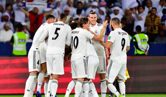 Real Madrid's players celebrate after scoring their second goal during the FIFA Club World Cup final football match Spain's Real Madrid vs Abu Dhabi's Al Ain at the Zayed Sports City Stadium in Abu Dhabi, the capital of the United Arab Emirates, on December 22, 2018. (Photo by Giuseppe CACACE / AFP) (Photo credit should read GIUSEPPE CACACE/AFP/Getty Images)