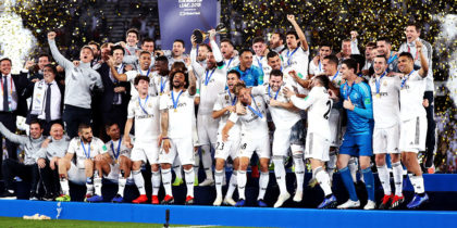 ABU DHABI, UNITED ARAB EMIRATES - DECEMBER 22: General view as Sergio Ramos of Real Madrid lifts the FIFA Club World Cup Trophy following the FIFA Club World Cup UAE 2018 Final between Al Ain and Real Madrid at the Zayed Sports City Stadium on December 22, 2018 in Abu Dhabi, United Arab Emirates. (Photo by Francois Nel/Getty Images)