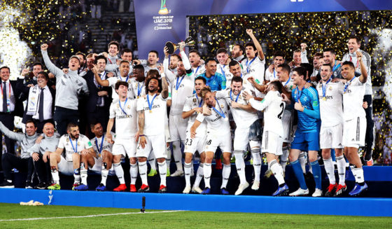 ABU DHABI, UNITED ARAB EMIRATES - DECEMBER 22: General view as Sergio Ramos of Real Madrid lifts the FIFA Club World Cup Trophy following the FIFA Club World Cup UAE 2018 Final between Al Ain and Real Madrid at the Zayed Sports City Stadium on December 22, 2018 in Abu Dhabi, United Arab Emirates. (Photo by Francois Nel/Getty Images)