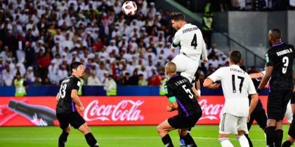 Real Madrid's Spanish defender Sergio Ramos (number 4) heads the ball and scores during the FIFA Club World Cup final football match Spain's Real Madrid vs Abu Dhabi's Al Ain at the Zayed Sports City Stadium in Abu Dhabi, the capital of the United Arab Emirates, on December 22, 2018. (Photo by Giuseppe CACACE / AFP) (Photo credit should read GIUSEPPE CACACE/AFP/Getty Images)