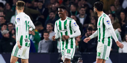 SEVILLE, SPAIN - FEBRUARY 18: Junior Firpo of Real Betis Balompie celebrates after Nacho Fernandez of Real Madrid scored an own goal during the La Liga match between Real Betis and Real Madrid at Benito Villamrin stadium on February 18, 2018 in Seville, Spain. (Photo by Aitor Alcalde/Getty Images)