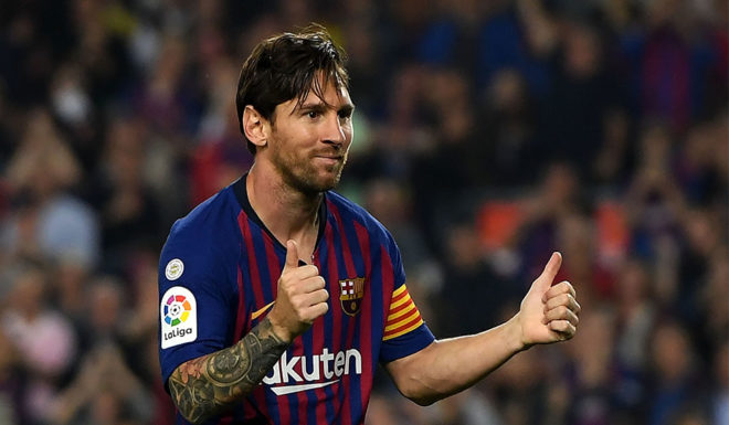 BARCELONA, SPAIN - OCTOBER 20: Lionel Messi of FC Barcelona celebrates after scoring his sides second goal during the La Liga match between FC Barcelona and Sevilla FC at Camp Nou on October 20, 2018 in Barcelona, Spain. (Photo by Alex Caparros/Getty Images)
