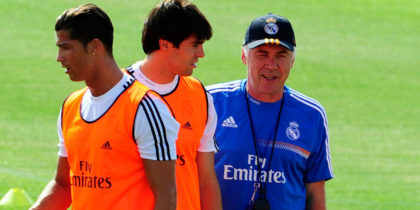 (R-L) Real Madrid's Italian coach Carlo Ancelotti, Real Madrid's Brazilian midfielder Kaka and Real Madrid's Portuguese forward Cristiano Ronaldo take part in the first pre-season training session at the Valdebebas training ground in Madrid on July 15, 2013. AFP PHOTO / DOMINIQUE FAGET (Photo credit should read DOMINIQUE FAGET/AFP/Getty Images)