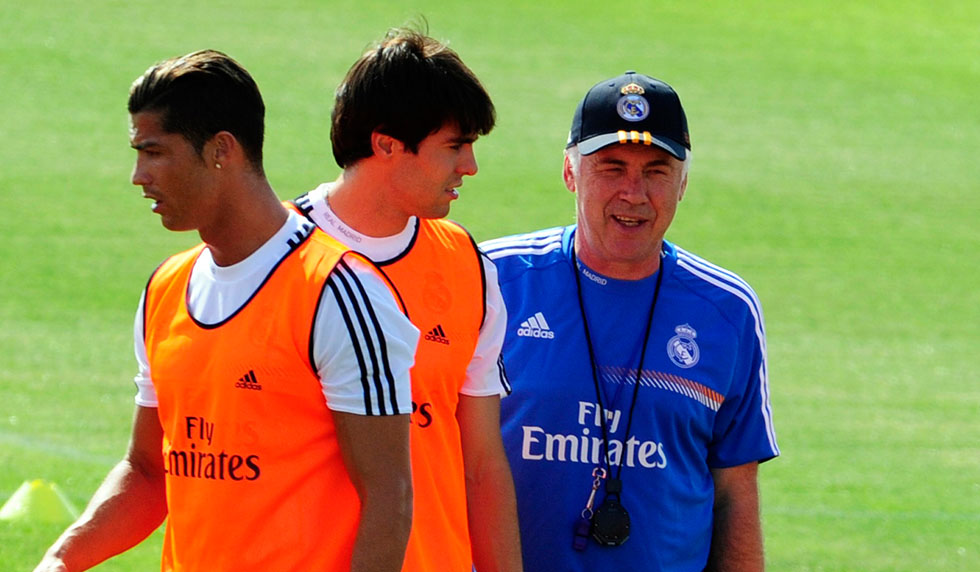 (R-L) Real Madrid's Italian coach Carlo Ancelotti, Real Madrid's Brazilian midfielder Kaka and Real Madrid's Portuguese forward Cristiano Ronaldo take part in the first pre-season training session at the Valdebebas training ground in Madrid on July 15, 2013. AFP PHOTO / DOMINIQUE FAGET (Photo credit should read DOMINIQUE FAGET/AFP/Getty Images)