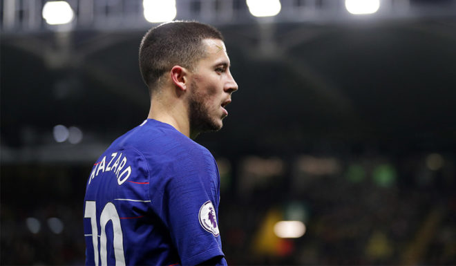 WATFORD, ENGLAND - DECEMBER 26: Eden Hazard of Chelsea looks on during the Premier League match between Watford FC and Chelsea FC at Vicarage Road on December 26, 2018 in Watford, United Kingdom. (Photo by Richard Heathcote/Getty Images