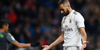 Real Madrid's French forward Karim Benzema gestures during the Spanish League football match between Real Madrid CF and Real Sociedad at the Santiago Bernabeu stadium in Madrid on January 6, 2019. (Photo by GABRIEL BOUYS / AFP) (Photo credit should read GABRIEL BOUYS/AFP/Getty Images)