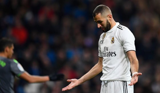 Real Madrid's French forward Karim Benzema gestures during the Spanish League football match between Real Madrid CF and Real Sociedad at the Santiago Bernabeu stadium in Madrid on January 6, 2019. (Photo by GABRIEL BOUYS / AFP) (Photo credit should read GABRIEL BOUYS/AFP/Getty Images)