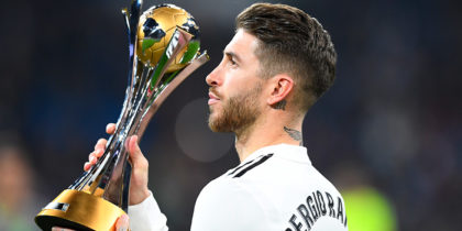 Real Madrid's Spanish defender Sergio Ramos holds the winner's trophy of the 2018 FIFA Club World Cup before the Spanish League football match between Real Madrid CF and Real Sociedad at the Santiago Bernabeu stadium in Madrid on January 6, 2019. (Photo by GABRIEL BOUYS / AFP) (Photo credit should read GABRIEL BOUYS/AFP/Getty Images)