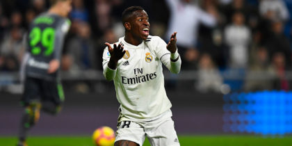 Real Madrid's Brazilian forward Vinicius Junior protests during the Spanish League football match between Real Madrid CF and Real Sociedad at the Santiago Bernabeu stadium in Madrid on January 6, 2019. (Photo by GABRIEL BOUYS / AFP) (Photo credit should read GABRIEL BOUYS/AFP/Getty Images)