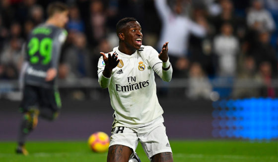 Real Madrid's Brazilian forward Vinicius Junior protests during the Spanish League football match between Real Madrid CF and Real Sociedad at the Santiago Bernabeu stadium in Madrid on January 6, 2019. (Photo by GABRIEL BOUYS / AFP) (Photo credit should read GABRIEL BOUYS/AFP/Getty Images)