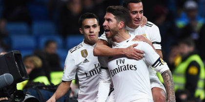 MADRID, SPAIN - JANUARY 09: Sergio Ramos of Real Madrid CF celebrates with Lucas Vazquez after scoring his teram's opening goal during the Copa del Rey Round of 16 match between Real Madrid CF and CD Leganes at estadio Santiago Bernabeu on January 09, 2019 in Madrid, Spain. (Photo by Denis Doyle/Getty Images)