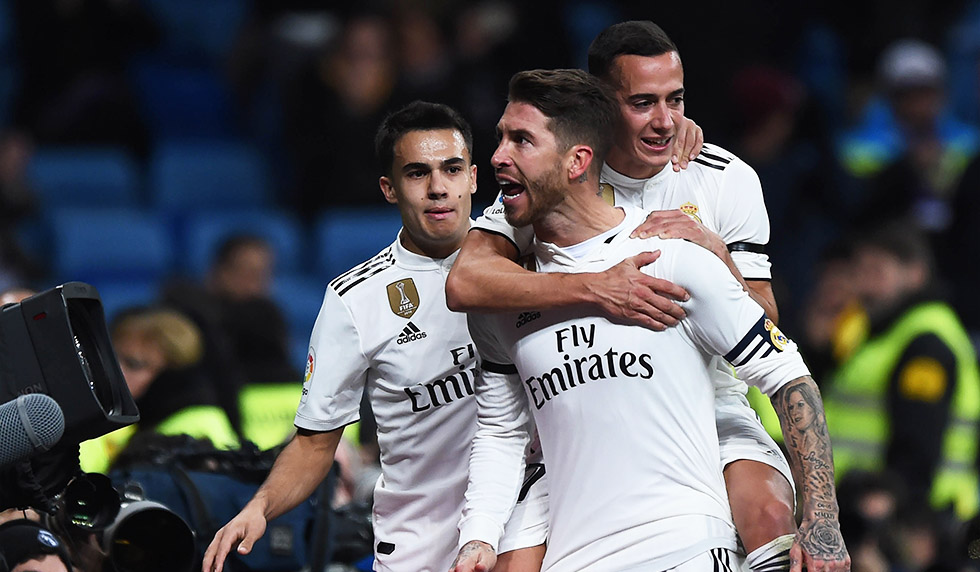 MADRID, SPAIN - JANUARY 09: Sergio Ramos of Real Madrid CF celebrates with Lucas Vazquez after scoring his teram's opening goal during the Copa del Rey Round of 16 match between Real Madrid CF and CD Leganes at estadio Santiago Bernabeu on January 09, 2019 in Madrid, Spain. (Photo by Denis Doyle/Getty Images)