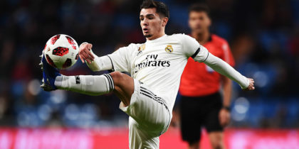 MADRID, SPAIN - JANUARY 09: Brahim Diaz of Real Madrid CF reaches for the ball during the Copa del Rey Round of 16 match between Real Madrid CF and CD Leganes at estadio Santiago Bernabeu on January 09, 2019 in Madrid, Spain. (Photo by Denis Doyle/Getty Images)