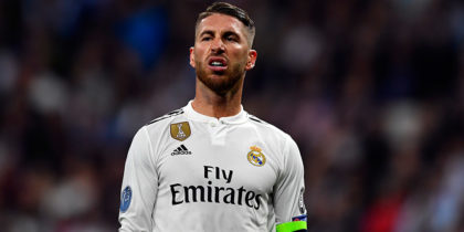 Real Madrid's Spanish defender Sergio Ramos reacts during the UEFA Champions League group G football match between Real Madrid CF and FC Viktoria Plzen at the Santiago Bernabeu stadium in Madrid on October 23, 2018. (Photo by GABRIEL BOUYS / AFP) (Photo credit should read GABRIEL BOUYS/AFP/Getty Images)