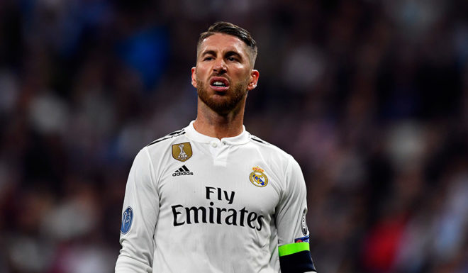 Real Madrid's Spanish defender Sergio Ramos reacts during the UEFA Champions League group G football match between Real Madrid CF and FC Viktoria Plzen at the Santiago Bernabeu stadium in Madrid on October 23, 2018. (Photo by GABRIEL BOUYS / AFP) (Photo credit should read GABRIEL BOUYS/AFP/Getty Images)