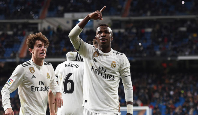 MADRID, SPAIN - JANUARY 09: Vinicius Junior of Real Madrid CF celebrates after scoring Real's 3rd goal during the Copa del Rey Round of 16 match between Real Madrid CF and CD Leganes at estadio Santiago Bernabeu on January 09, 2019 in Madrid, Spain. (Photo by Denis Doyle/Getty Images)