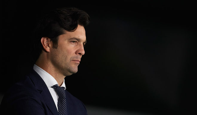 SEVILLE, SPAIN - JANUARY 13: Santiago Solari of Real Madrid CF looks on during the La Liga match between Real Betis Balompie and Real Madrid CF at Estadio Benito Villamarin on January 13, 2019 in Seville, Spain. (Photo by Aitor Alcalde/Getty Images)