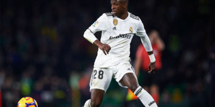 Vinicius Jr of Real Madrid CF in action during the La Liga match between Real Betis Balompie and Real Madrid CF at Estadio Benito Villamarin on January 13, 2019 in Seville, Spain. (Photo by Aitor Alcalde/Getty Images)