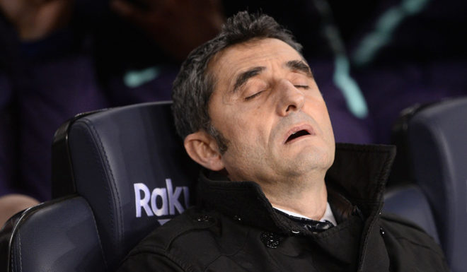Barcelona's Spanish coach Ernesto Valverde sits on the bench before the Spain's Copa del Rey (King's Cup) round of 16 second leg football match between FC Barcelona and Levante UD, at the Camp Nou stadium in Barcelona on January 17, 2019. (Photo by Josep LAGO / AFP) (Photo credit should read JOSEP LAGO/AFP/Getty Images)