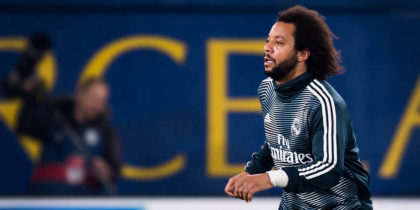 VILLAREAL, SPAIN - JANUARY 03: Marcelo and Luka Modric of Real Madrid CF warm up prior to the La Liga match between Villarreal CF and Real Madrid CF at Estadio de la Ceramica on January 03, 2019 in Villarreal, Spain. (Photo by Alex Caparros/Getty Images)