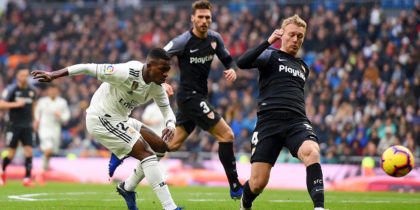 MADRID, SPAIN - JANUARY 19: Vinicius Junior of Real Madrid takes a shot during the La Liga match between Real Madrid CF and Sevilla FC at Estadio Santiago Bernabeu on January 19, 2019 in Madrid, Spain. (Photo by Denis Doyle/Getty Images)