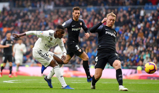 MADRID, SPAIN - JANUARY 19: Vinicius Junior of Real Madrid takes a shot during the La Liga match between Real Madrid CF and Sevilla FC at Estadio Santiago Bernabeu on January 19, 2019 in Madrid, Spain. (Photo by Denis Doyle/Getty Images)