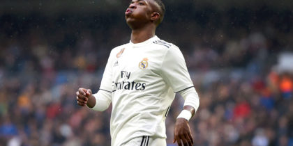 MADRID, SPAIN - JANUARY 19: Vinicius Junior of Real Madrid reacts during the La Liga match between Real Madrid CF and Sevilla FC at Estadio Santiago Bernabeu on January 19, 2019 in Madrid, Spain. (Photo by Denis Doyle/Getty Images)