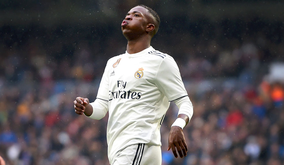 MADRID, SPAIN - JANUARY 19: Vinicius Junior of Real Madrid reacts during the La Liga match between Real Madrid CF and Sevilla FC at Estadio Santiago Bernabeu on January 19, 2019 in Madrid, Spain. (Photo by Denis Doyle/Getty Images)
