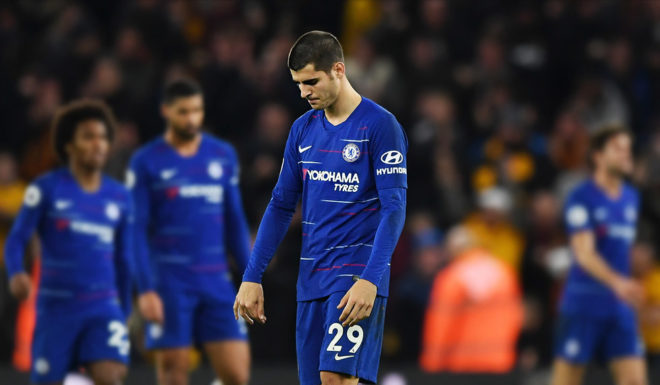 WOLVERHAMPTON, ENGLAND - DECEMBER 05: Alvaro Morata of Chelsea reacts during the Premier League match between Wolverhampton Wanderers and Chelsea FC at Molineux on December 5, 2018 in Wolverhampton, United Kingdom. (Photo by Shaun Botterill/Getty Images)