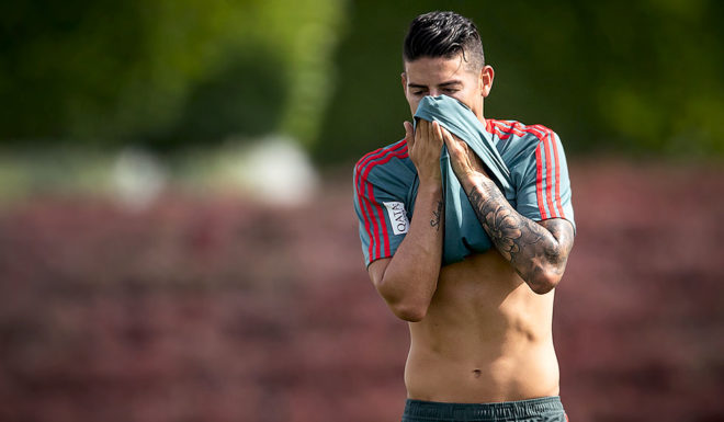 DOHA, QATAR - JANUARY 08: James Rodriguez is seen during a training session at day five of the Bayern Muenchen training camp at Aspire Academy on January 07, 2019 in Doha, Qatar. (Photo by Lars Baron/Bongarts/Getty Images)
