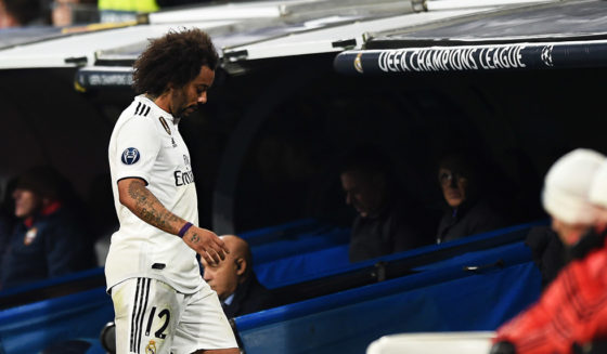 MADRID, SPAIN - DECEMBER 12: Marcelo of Real Madrid leaves the pitch during the UEFA Champions League Group G match between Real Madrid and CSKA Moscow at Bernabeu on December 12, 2018 in Madrid, Spain. (Photo by Denis Doyle/Getty Images)