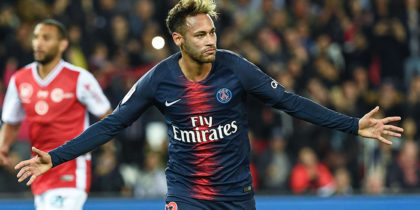 Paris Saint-Germain's Brazilian forward Neymar Jr celebrates after scoring a goal during the French L1 football match between Paris Saint Germain and Reims, on September 26, 2018 at the Parc des Princes stadium in Paris. (Photo by Anne-Christine POUJOULAT / AFP) (Photo credit should read ANNE-CHRISTINE POUJOULAT/AFP/Getty Images)