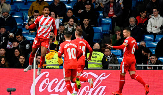 Girona's Honduran forward Anthony Lozano (L) celebrates after scoring during the Spanish Copa del Rey (King's Cup) quarter-final first leg football match between Real Madrid CF and Girona FC at the Santiago Bernabeu stadium in Madrid on January 24, 2019. (Photo by JAVIER SORIANO / AFP) (Photo credit should read JAVIER SORIANO/AFP/Getty Images)