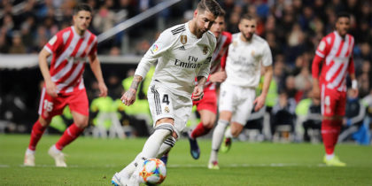 MADRID, SPAIN - JANUARY 24: Sergio Ramos of Real Madrid CF scores the second goal via a penalty shot during the Copa del Rey Quarter Final match between Real Madrid CF and Girona FC at Estadio Santiago Bernabeu on January 24, 2019 in Madrid, Spain. (Photo by Gonzalo Arroyo Moreno/Getty Images)